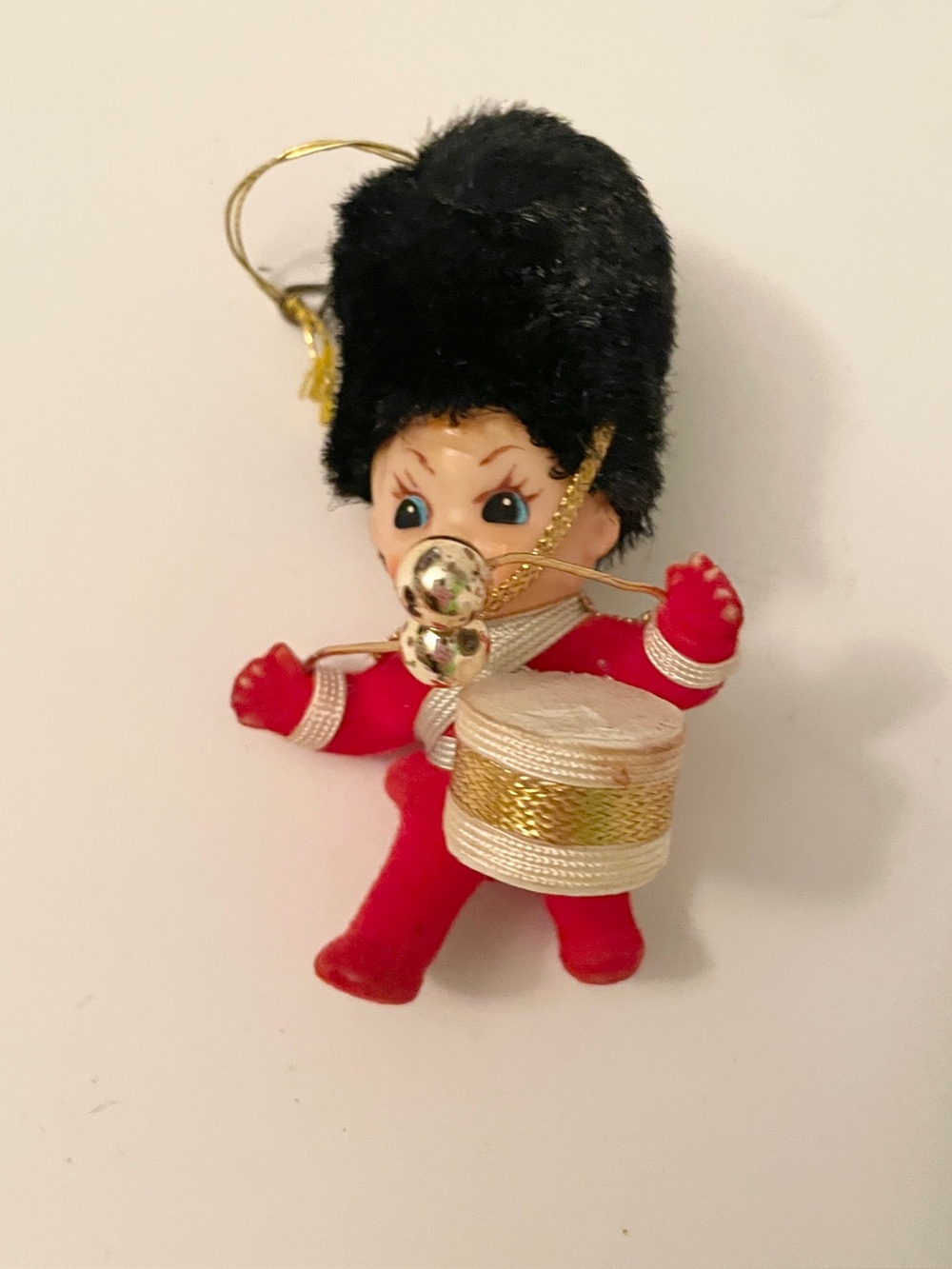 Vintage Flocked Little Drummer Boy Christmas Ornament Japan Soldier Toy